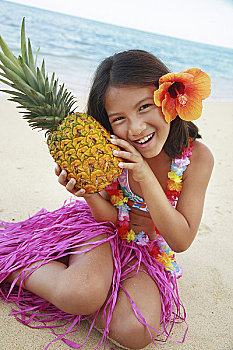 夏威夷,瓦胡岛,女孩,拿着,菠萝