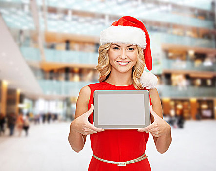 圣诞节,科技,礼物,人,概念,微笑,女人,圣诞老人,帽子,平板电脑,电脑,展示,留白,显示屏,上方,购物中心,背景