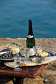 香槟,橄榄,面包,新鲜奶油,桌子,海洋