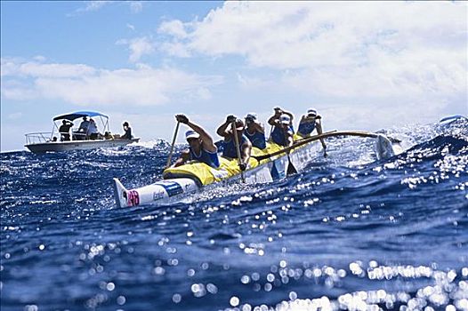 夏威夷,莫洛凯岛,瓦胡岛,水道,女人,划船,玻利尼西亚女人,比赛,护从,船,背景,无肖像权