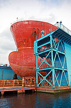 船首,大,红色,油轮,修理,蓝色,浮码头