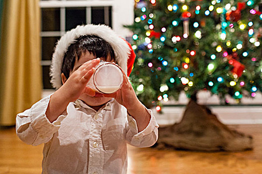 男性,幼儿,杯子,牛奶,正面,圣诞树