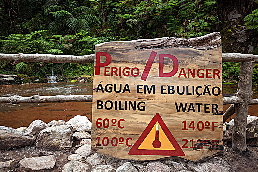温泉,水,警告标识,岛屿,亚速尔群岛,葡萄牙,欧洲