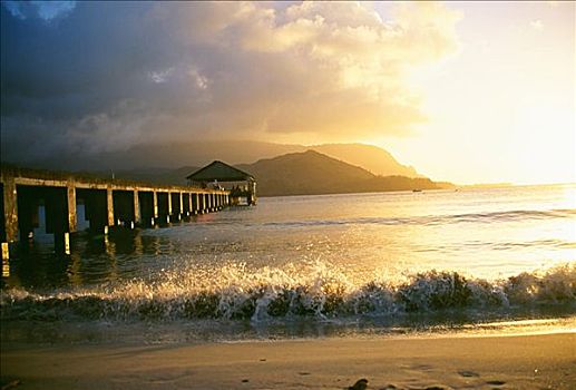 夏威夷,考艾岛,湾,码头,日落,金色,天空,反射