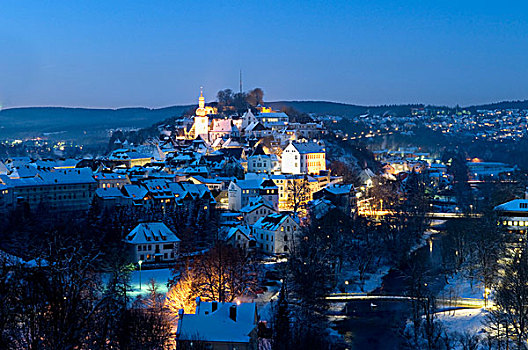 历史,城镇,城堡,山,冬天,夜晚,阿恩斯贝格,藻厄兰,北莱茵威斯特伐利亚,德国,欧洲