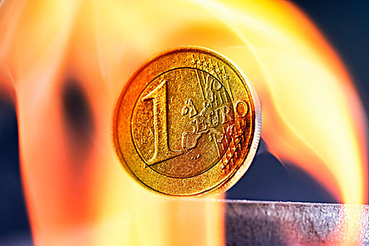 1欧元,硬币,围绕,火,象征,欧元,危机