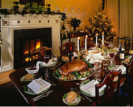 圣诞晚餐,餐桌,靠近,壁炉