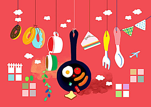 厨具,悬挂,线,红色背景