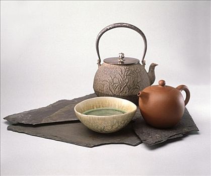 绿茶,碗,两个,茶壶