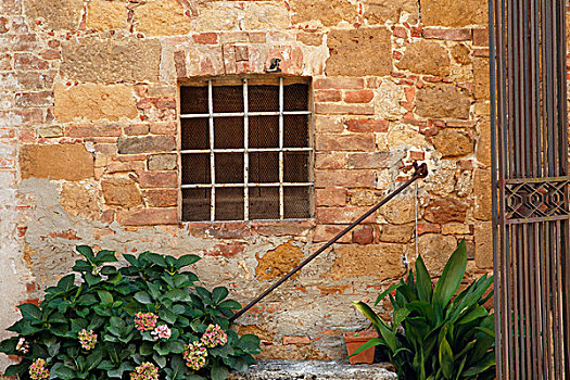窗户,古老,石墙,皮恩扎,意大利,托斯卡纳