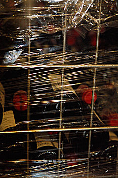 金属,板条箱,一堆,红酒瓶,塑料包装