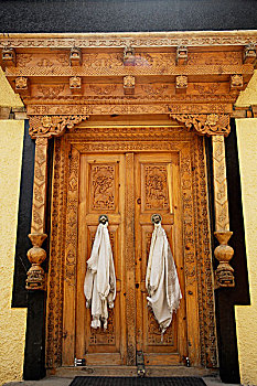 雕刻,木质,门,寺院,拉达克,印度