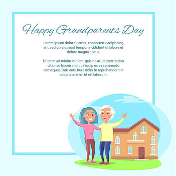 高兴,祖父母,白天,情侣,靠近,房子,矢量,海报,老年,夫妻,正面,家,两个,层,建筑,摆动,地点,文字,框架