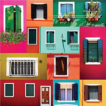 混合,彩色,窗户,墙壁,门,收集