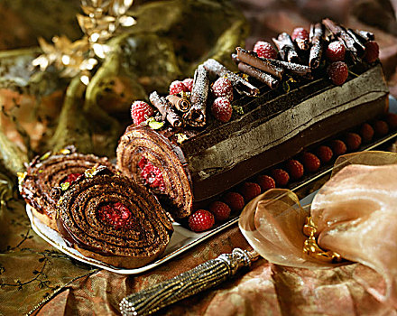 巧克力,树莓,卷,原木,蛋糕