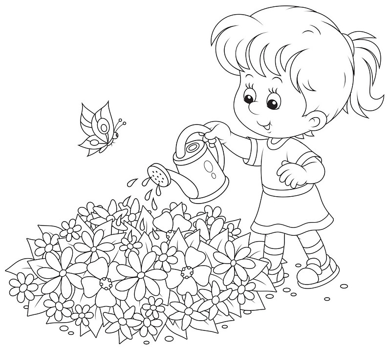 女孩_浇水_花_小女孩_花坛_花园_高清图片_全景视觉