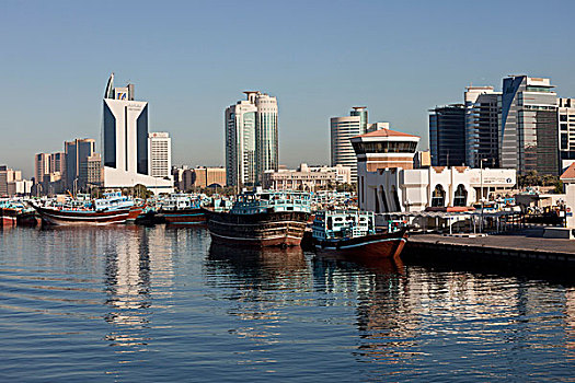 独桅三角帆船,港口,摩天大楼,溪流,迪拜,酋长国,阿联酋,亚洲