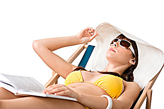 海滩,女青年,比基尼,帽子,放松,书本,日光浴,折叠躺椅