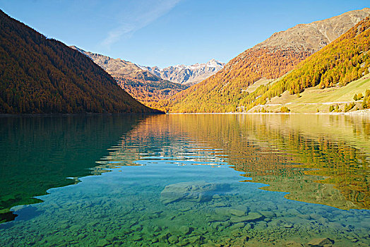 湖,秋天,山谷,博尔查诺,南蒂罗尔,意大利,欧洲