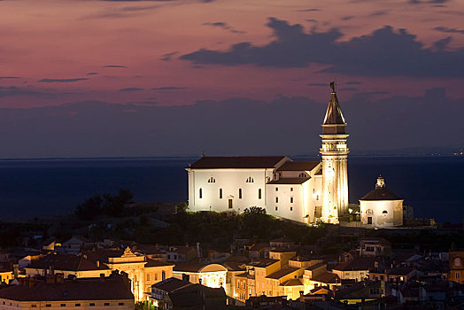 大教堂,晚上,皮兰,沿岸,喀斯特地貌,区域,斯洛文尼亚,欧洲