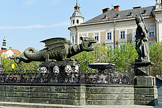 喷泉,广场,克拉根福,卡林西亚,奥地利,欧洲