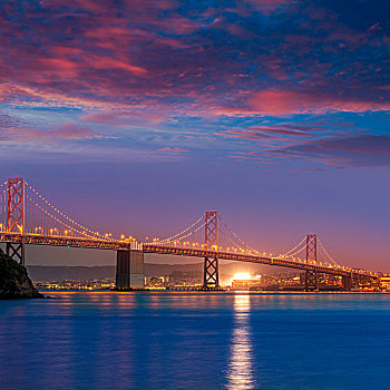 海湾大桥,日落,旧金山,金银岛,加利福尼亚