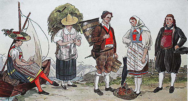 人,传统服装,时尚,服饰,衣服,瑞士,早,19世纪,插画,欧洲
