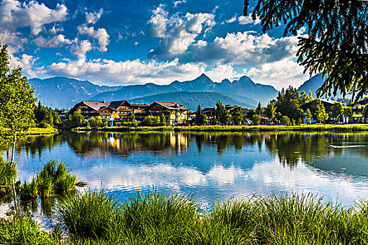 反射,锡菲尔,湖,晴天,阿尔卑斯山,背景,提洛尔,奥地利