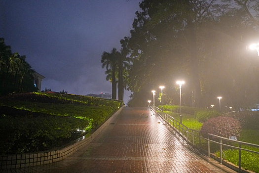 羊城广州清明大雨中的天河公园夜景