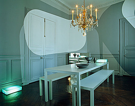 白色,设计师,桌子,长椅,仰视,吊灯,传统,布置