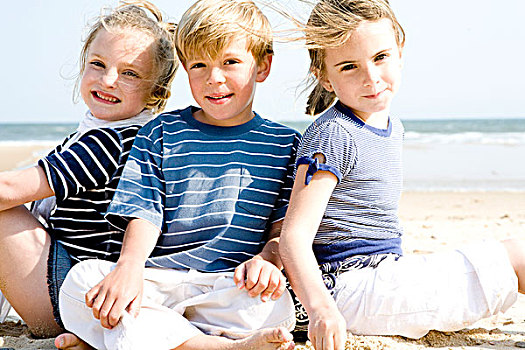 三个,儿童,海滩