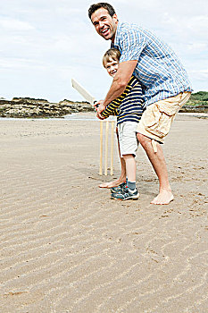 父子,玩,板球,海滩