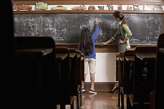 女生,文字,黑板,教室,教师,站立,旁侧