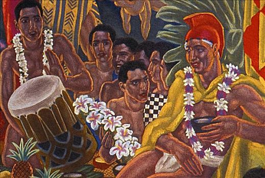 艺术,夏威夷,男人,传统头饰,坐,鼓手