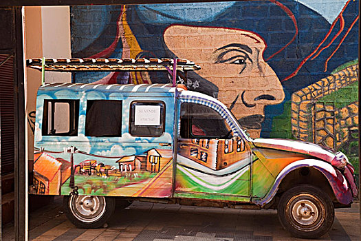 南美,智利,瓦尔帕莱索,涂绘,卡车,正面,壁画,墙壁,世界遗产
