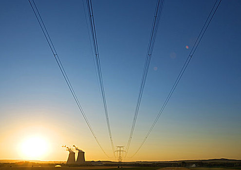 核能,冷却塔,电线,高压电塔,日落