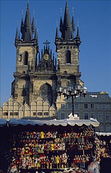 泰恩教堂,旧城广场,老城广场,斯佩尔特小麦,布拉格,捷克共和国,尖顶,教堂,木偶,娃娃,支配