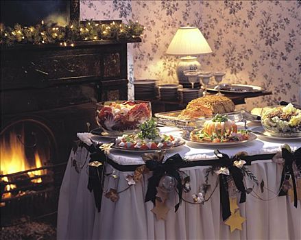 圣诞桌,布置,壁炉