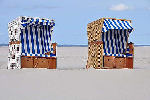 两个,屋顶,海滩藤椅,海滩,北海,石荷州,德国,欧洲