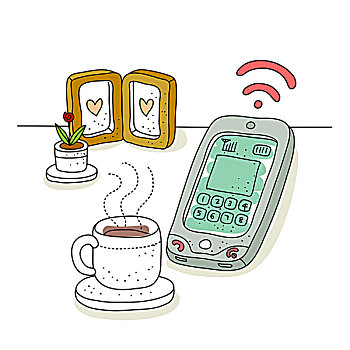 插画,手机,咖啡杯,上方,白色背景