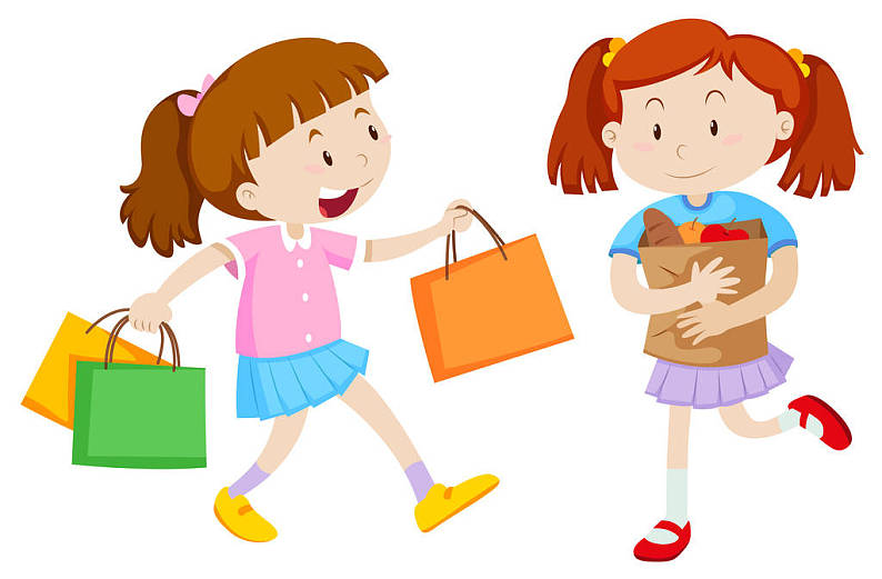 两个女孩,购物,女孩,购物袋,插画