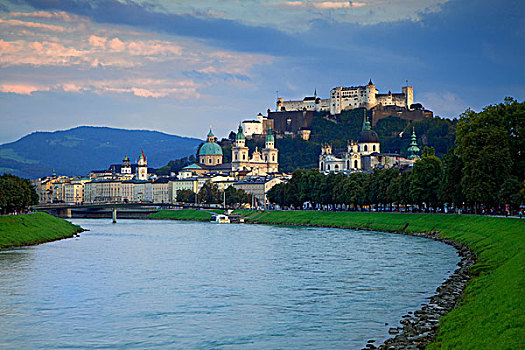 奥地利,萨尔茨堡,风景,萨尔察赫河,河,霍亨萨尔斯堡城堡,山顶