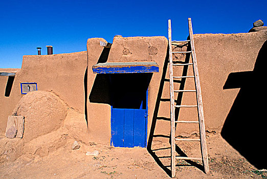 梯子,土坯建筑,蓝色,门,南,房子,陶斯普韦布洛,世界遗产,新墨西哥