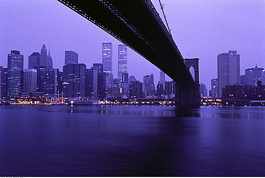 布鲁克林大桥,城市天际线,黎明,纽约,美国
