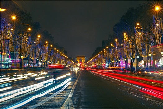 圣诞节,香榭丽舍大街,凯旋门,巴黎,夜晚