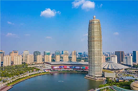 航拍河南省郑州市郑东新区cbd湖畔,大玉米,千玺广场,中原高楼