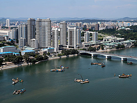 河,天际线,平壤,朝鲜,亚洲