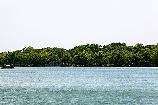 颐和园昆明湖上的游船和远处的石桥