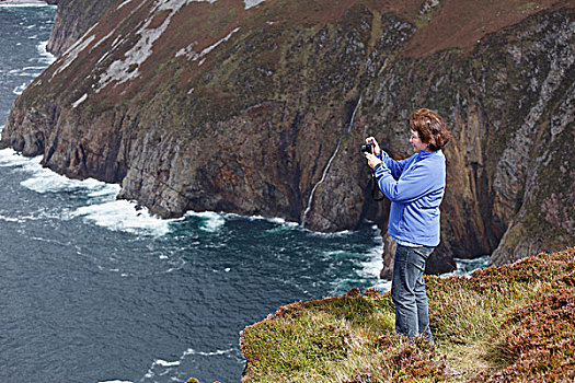 女人,拍照,数码,悬崖,多纳格,爱尔兰,欧洲