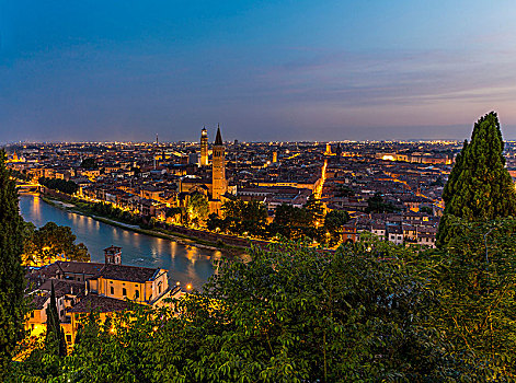 风景,黄昏,山,老城,蓝色,钟点,河,罗马桥,维罗纳,威尼托,意大利,欧洲
